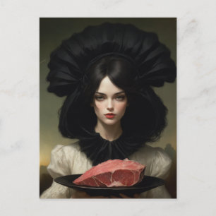 Oude dame en rauw vlees op schaal briefkaart