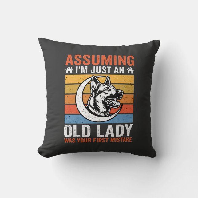 Oude Dame Hond Waarschuwing Retro Kussen (Voorkant)