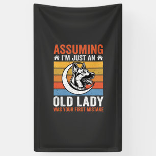Oude Dame Hond Waarschuwing Retro Spandoek