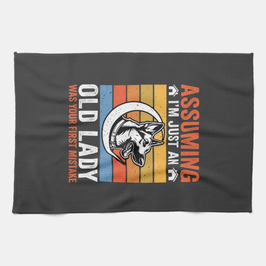 Oude Dame Hond Waarschuwing Retro Theedoek (Horizontaal)