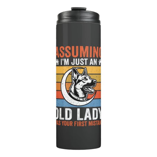 Oude Dame Hond Waarschuwing Retro Thermosbeker (Voorkant)