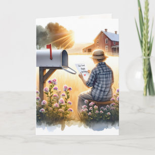 Oude dame leest verjaardagsbrief van vriend kaart