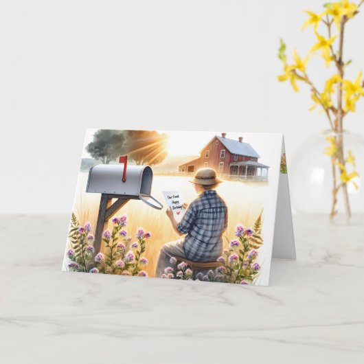 Oude dame leest verjaardagsbrief van vriend kaart (Gele Bloem)