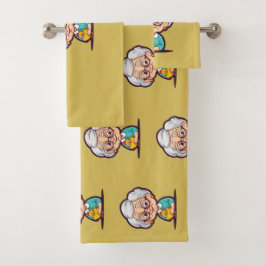 Oude dame met kippenbadhanddoeken bad handdoek