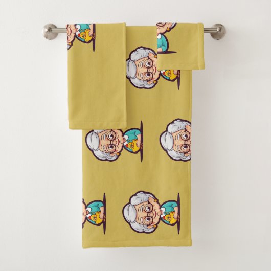 Oude dame met kippenbadhanddoeken bad handdoek (Insitu)