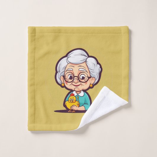 Oude dame met kippenbadhanddoeken bad handdoek (Wasdoekje)