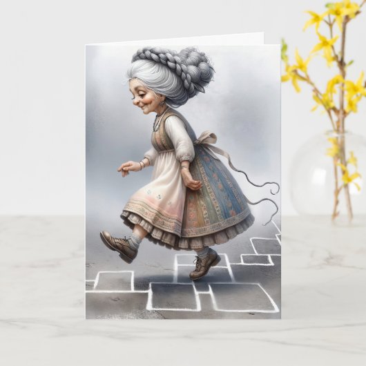 Oude Dame op Hopscotch Grid Verjaardag Kaart (Gele Bloem)