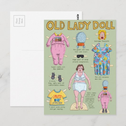Oude dame papieren pop. briefkaart (Voorkant / Achterkant)