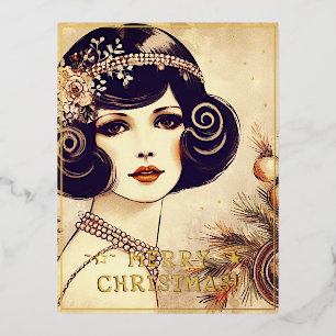 Oude dame vrolijk kerstfeest Retro afbeelding Folie Feestdagen Briefkaart