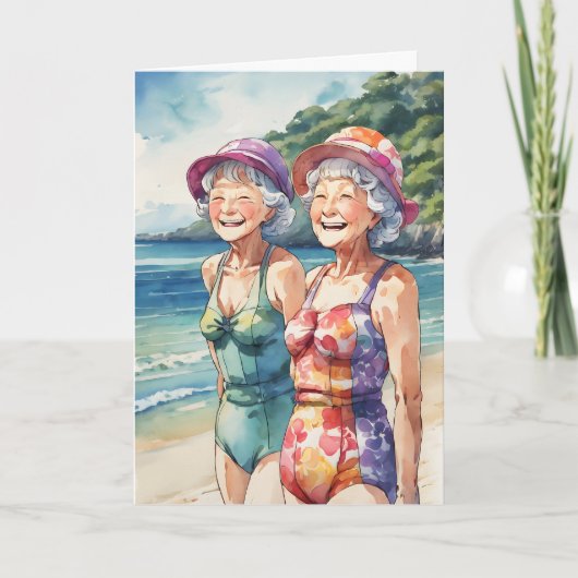 Oude dames op het strand verjaardag kaart (Voorkant)