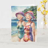 Oude dames op het strand verjaardag kaart (Gele Bloem)