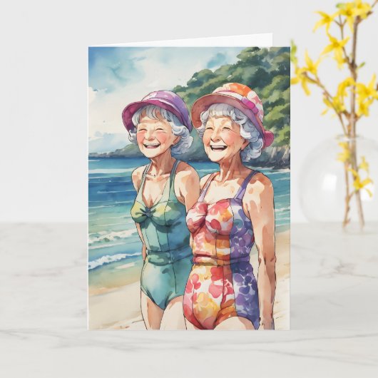 Oude dames op het strand verjaardag kaart (Gele Bloem)