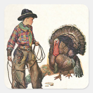 Oude Dankdag, Cowboy die een kalkoen vangt Vierkante Sticker