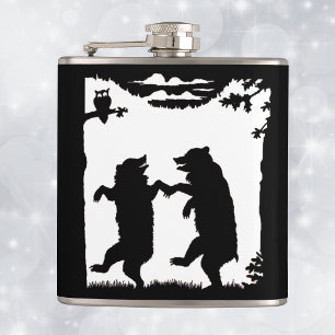Oude dansende beren Zwarte silhouet Bomen Uil Heupfles
