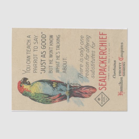 Oude decoupage-ephemera papegaai catalogusadverten tissuepapier (Voorkant)