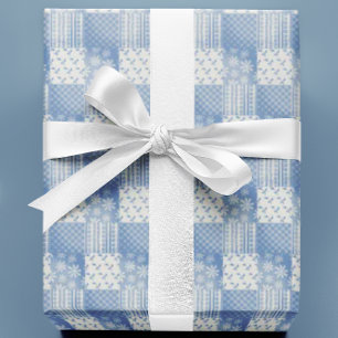 Oude Denim Blauwe Crème Witte Patchwork  Cadeaupapier