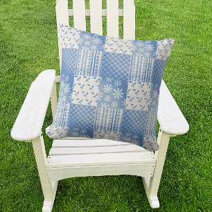 Oude Denim Blauwe Crème Witte Patchwork  Kussen
