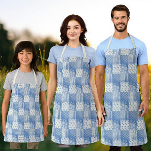 Oude Denim Blauwe Crème Witte Patchwork Schort