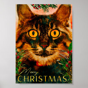 Oude dennen tak en blad kat vrolijk kerstfeest poster