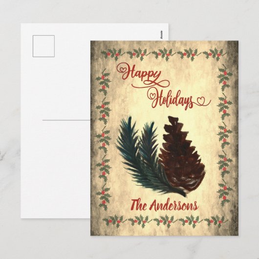 Oude dennenappel Rode kalligrafie Prettige Feestda Feestdagenkaart (Voorkant / Achterkant)