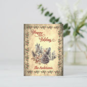 Oude dennenappel Rode kalligrafie Prettige Feestda Feestdagenkaart (Staand voorkant)