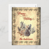 Oude dennenappel Rode kalligrafie Prettige Feestda Feestdagenkaart (Voorkant / Achterkant)