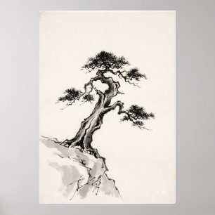 Oude Dennenboom Weerstand Zen Inkt Muurkunst Poster