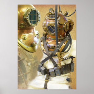 Oude, diep zee duikpak en helm poster