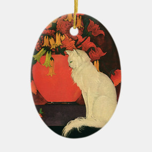 Oude dieren, elegante witte kat, herfstbloemen keramisch ornament