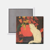 Oude dieren, elegante witte kat, herfstbloemen magneet (Voorkant / Achterkant)
