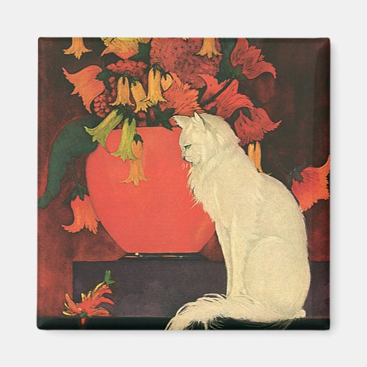 Oude dieren, elegante witte kat, herfstbloemen magneet (Voorkant)