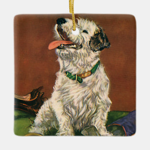 Oude Dieren, Schattige Terrier Puppy Kauwt op Scho Keramisch Ornament