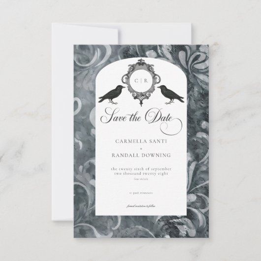 Oude Donkere Gotische Grijze en Zwarte Damast en R Save The Date (Voorkant)