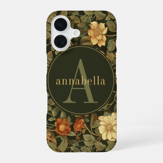Oude donkere William Morris bloemrijke monogram iPhone 16 Hoesje (Achterkant)