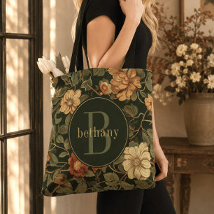 Oude donkere William Morris bloemrijke monogram Tote Bag