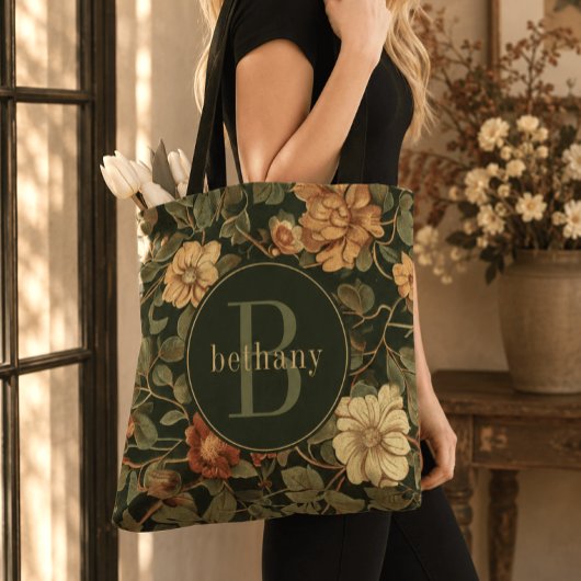 Oude donkere William Morris bloemrijke monogram Tote Bag