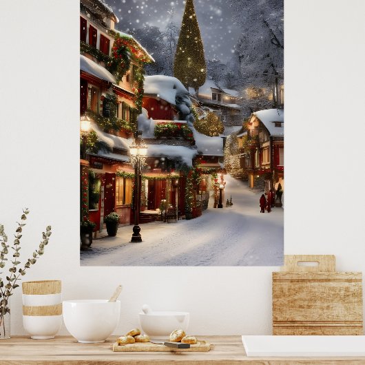 Oude dorpje in wintersneeuw Kerstmis Poster (Keuken)