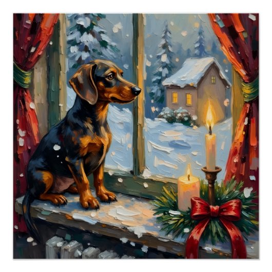 Oude Doxer bij een knus Kerstmisraam Perfect Poster (Voorkant)