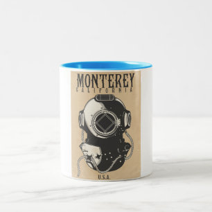 Oude duikposter naar Monterey Californië VS Tweekleurige Koffiemok
