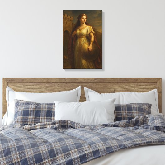 Oude edelvrouw met schild in de buurt van kasteelm canvas afdruk (Insitu (Slaapkamer))