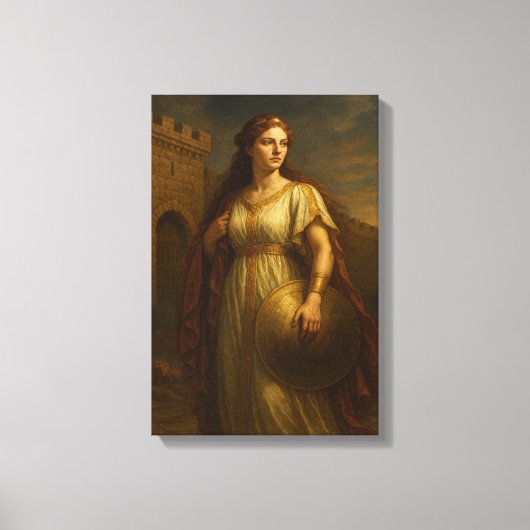 Oude edelvrouw met schild in de buurt van kasteelm canvas afdruk (Voorkant)