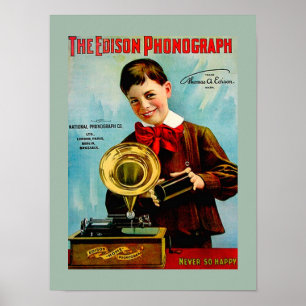 Oude Edison Phonograph Cylinder Record Player en Poster