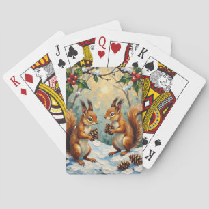 Oude eekhoorns verzamelen dennenappels met Kerstmi Pokerkaarten