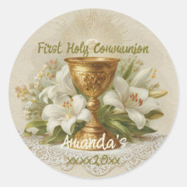 Oude Eerste Heilige Communie Kelk Witte Lelies Ronde Sticker