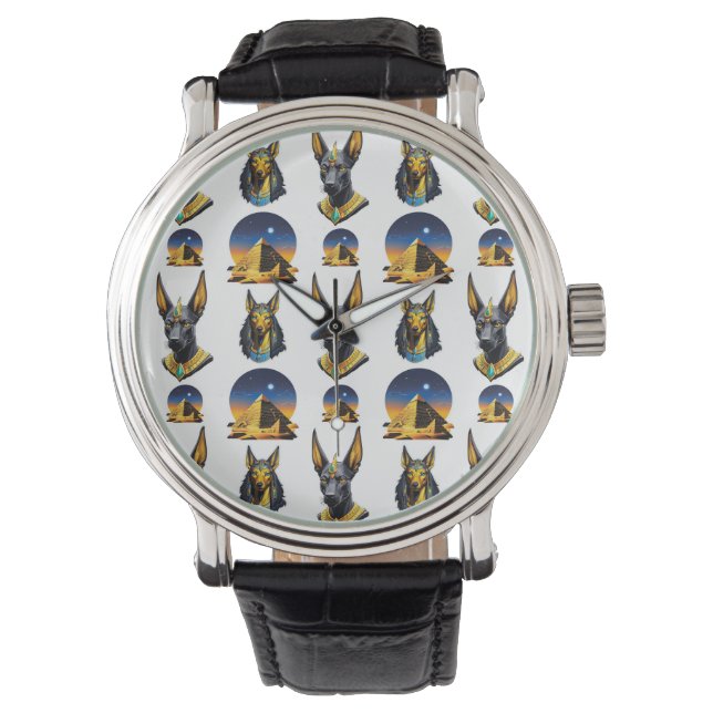 Oude Egypte Piramide Anubis Patroon Ontwerp Horloge (Voorkant)