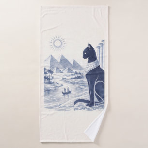 Oude Egyptische Bastet Kat en Piramides Blauw Badhanddoek