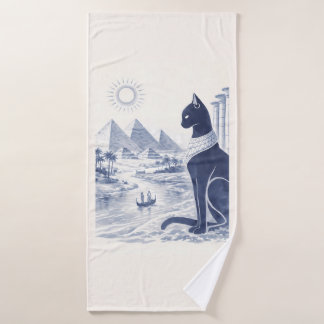 Oude Egyptische Bastet Kat en Piramides Blauw Badhanddoek