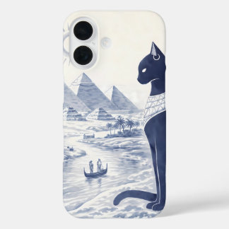 Oude Egyptische Bastet Kat en Piramides Blauw iPhone 16 Hoesje
