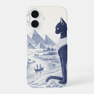 Oude Egyptische Bastet Kat en Piramides Blauw iPhone 16 Hoesje