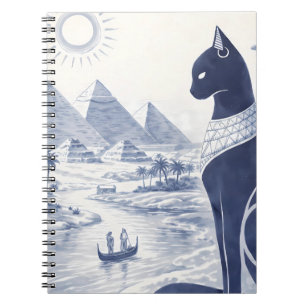 Oude Egyptische Bastet Kat en Piramides Blauw  Notitieboek